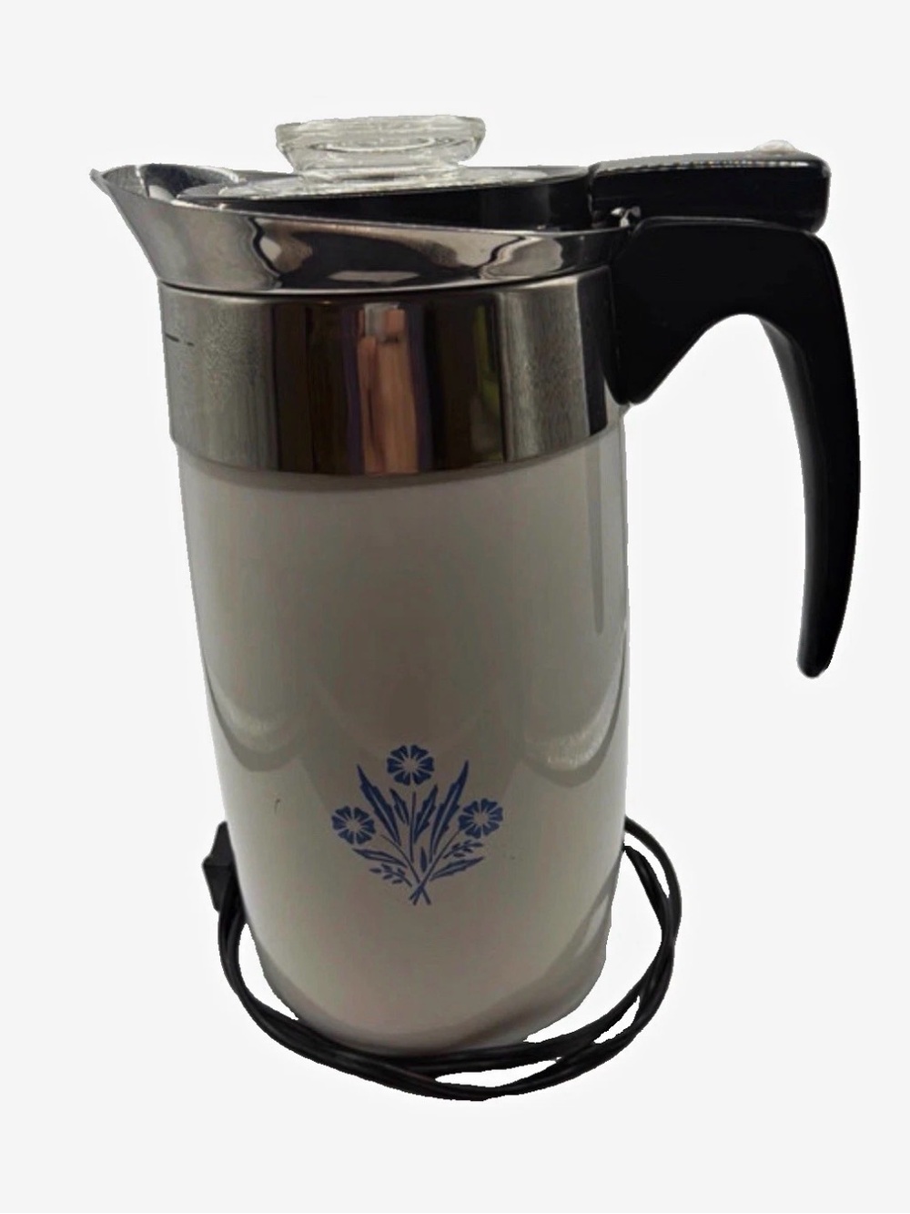 Corningware White Electric Coffee Percolator with Blue Floral Design